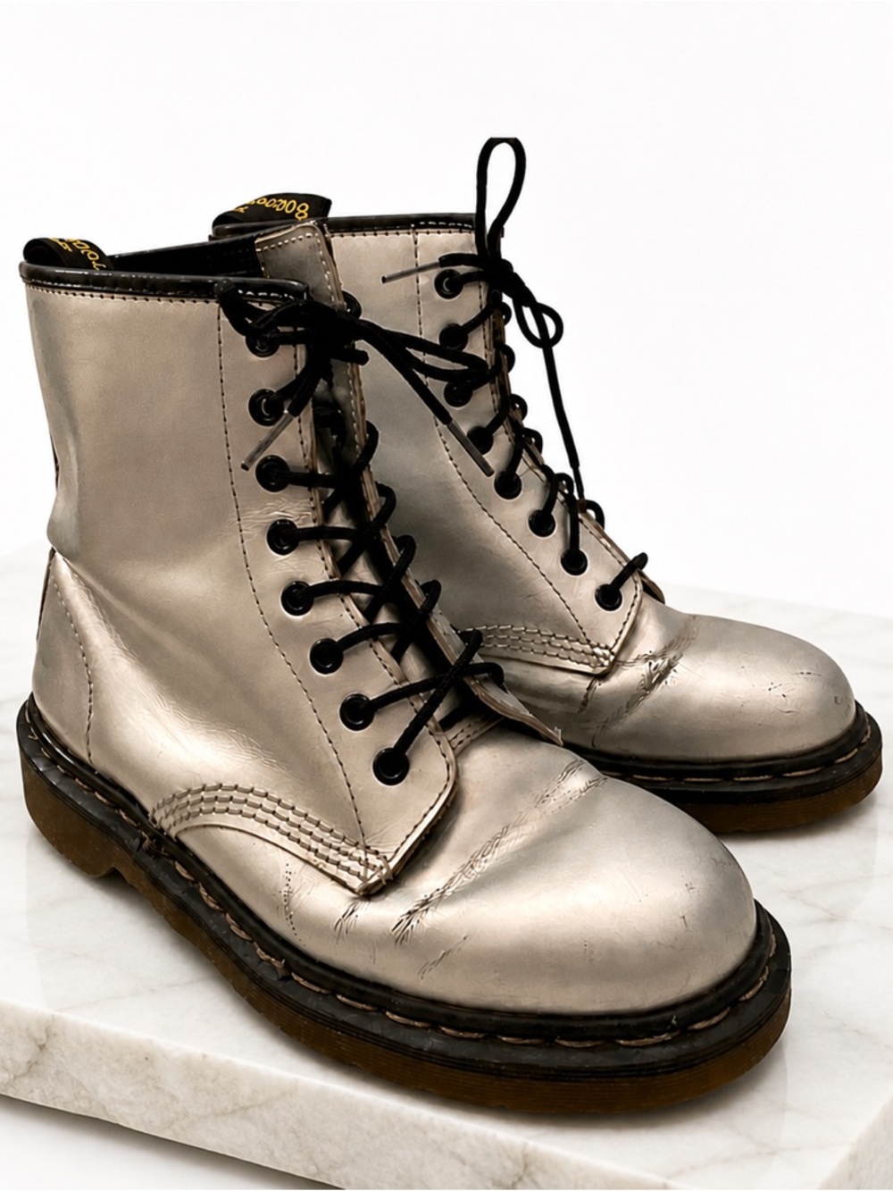 Dr. Martens Air Wair Silver Lace Up Combat Boots | Size 6.5